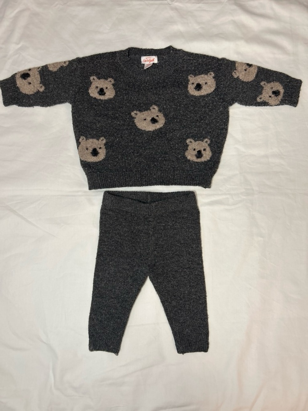 Cat & Jack Charcoal Sweater and Leggings Set with Beige Bear Motif